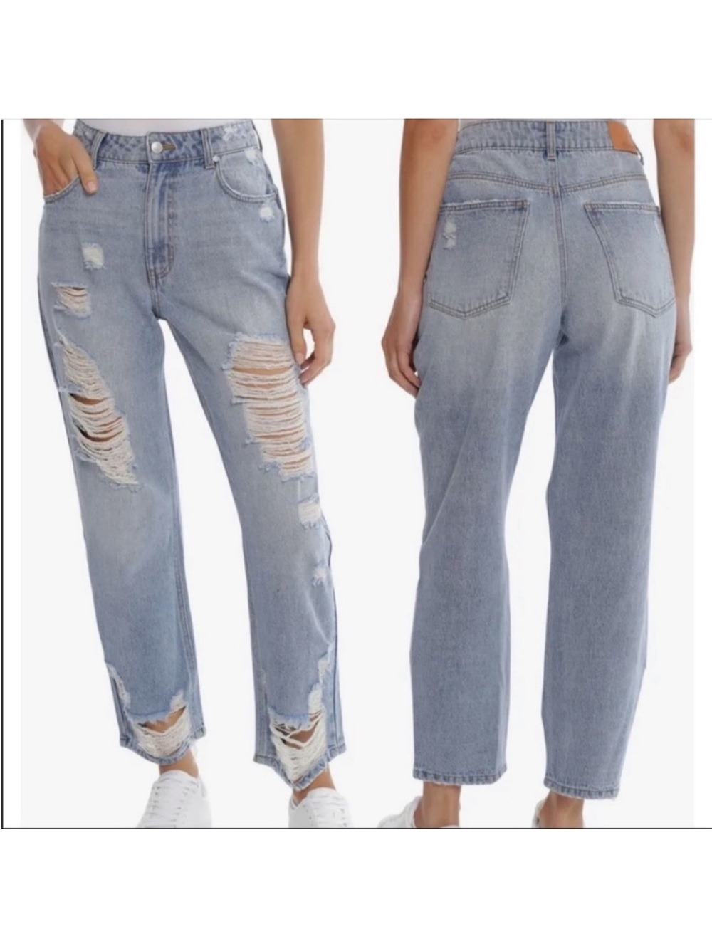 Avec Les Filles High Waisted Light Blue Distressed Mom Jeans 100% Cotton Size 27